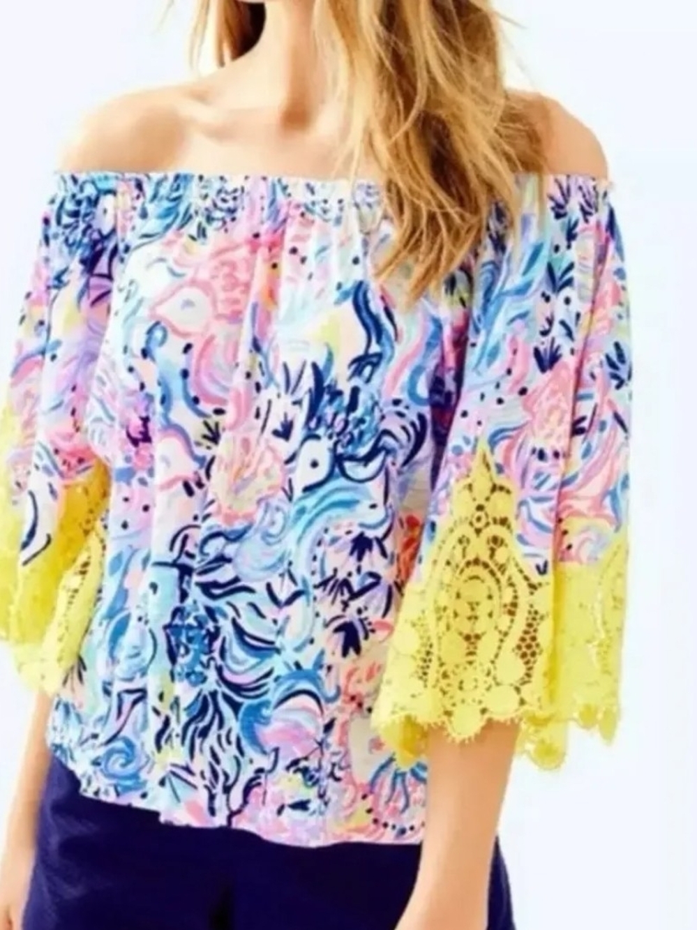 Lilly PulitzerZaylee Off-Shoulder Floral Blouse with Yellow Lace Sleeves SizevLG